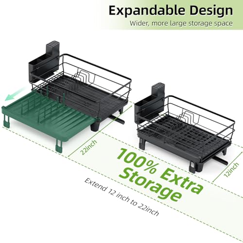 TOOLF Expandable Dish Drying Rack for Kitchen Counter, Black | Extendable 12"-22"W, Fast Draining, Large Capacity, Fits Large Plates, Utensil Holder, 3-4 People Family - size: 1-Tier(Front Extension)