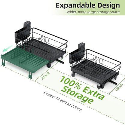 TOOLF Expandable Dish Drying Rack for Kitchen Counter, Black | Extendable 12"-22"W, Fast Draining, Large Capacity, Fits Large Plates, Utensil Holder, 3-4 People Family - size: 1-Tier(Front Extension)