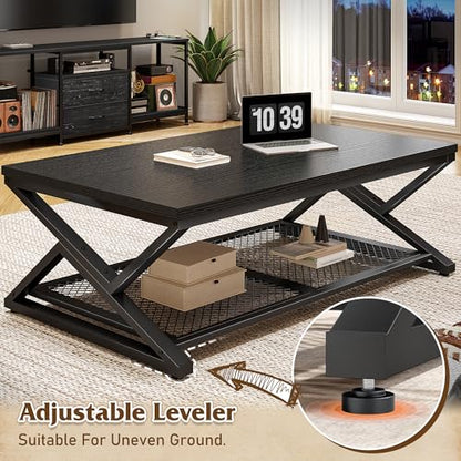 EnHomee Coffee Table, Storage & Shelf, X-Frame Stability, Black Oak | Families, Wood & Metal, Holds Magazines & Drinks, Modern Design, Living Room, 47.2“ - color: Black Oak, size: 47.2 Inch