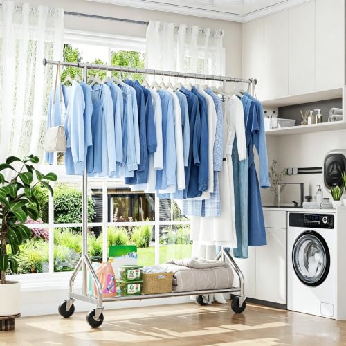 Simple Trending Heavy Duty Clothes Rack, Extensible Clothing Rack, Silver | Garment Rack Load 450 LBS, Portable Closet with Mesh Bottom Shelf, 360° Lockable Wheels, Bedroom, Laundry Room - size: 17"D x 61"W x 66.75"H
