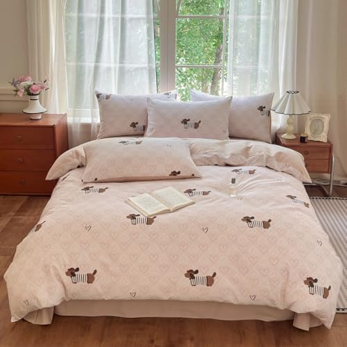 Dachshund Duvet Cover Queen Size Brown Dog Puppy White Pink Heart Reversible Comforter Cover Set 3 Pcs Kids Cute Soft Lightweight Microfiber Bedding Set with Zipper Closure and 2 Pillowcases - color: Dachshund Heart, size: Queen (1 Duvet Cover + 2 Pillowc