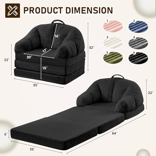 wanan Folding Sofa Bed, 3-in-1 Convertible Boneless Couch with Handle, Floor Lounger & Sleeper Chair for Adults, Comfy Folding Couch Single Sofa for Living Room Bedroom, Black - color: Black
