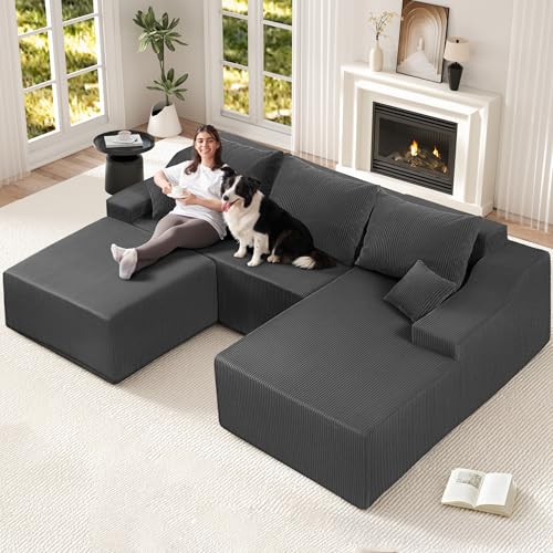 U Shaped Modular Sectional Couch for Living Room, Modular Cloud Sofa with Ottoman, No Assembly Boneless Couches with Deep Seat, Corduroy Fabric (Grey, Right Facing) - color: Corduroy Grey, size: 94" U-Shaped Sofa-R