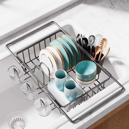 Sakugi Dish Drying Rack in Sink - Expandable Stainless Steel Dish Rack Over the Sink, Kitchen Sink Drain Strainer with Cutlery Holder & Cup Holders, 15.4 x 9.8 x 3.0 Inch, Grey - color: Gray, size: Standard - 15.4" × 9.8" × 3"