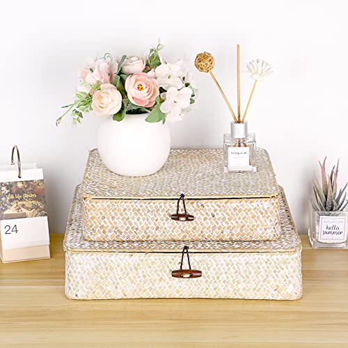 Hipiwe Set of 2 Flat Woven Wicker Basket Bins with Lid Natural Seagrass Box | Decorative Storage Basket Multipurpose Home Organizer Bins Boxes for Shelf Organizer (Whitewash) - color: Whitewash