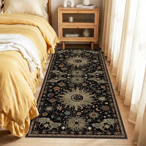 Vacuum-Friendly, 2x6 Washable Area Rug, Black Green Beige | Sun and Moon Boho Gothic Non-Slip Low Pile Living Roon Bedroom Dining Room Kitchen Entry Entryway Entrance Hallway Doormat - color: Black/Green/Beige, size: 2' x 6' (Runner)