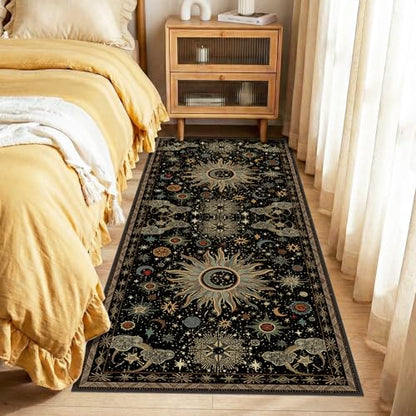Vacuum-Friendly, 2x6 Washable Area Rug, Black Green Beige | Sun and Moon Boho Gothic Non-Slip Low Pile Living Roon Bedroom Dining Room Kitchen Entry Entryway Entrance Hallway Doormat - color: Black/Green/Beige, size: 2' x 6' (Runner)