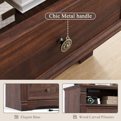 Walnut Nightstand with Charging Station, Farmhouse Bedside Table, End Table with 2 Drawers and Chic Wood Pilasters Design, Wood Side Table with Metal Handles for Bedroom, Living Room - color: Walnut, size: 15.7"D x 22"W x 23.6"H (2 Drawers)