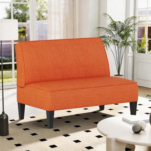 Small Loveseat, Orange Mini Sofa Couch Accent Upholstered Bench with Back Living Room Bedroom Office Armless Love Seat Settee - color: Orange