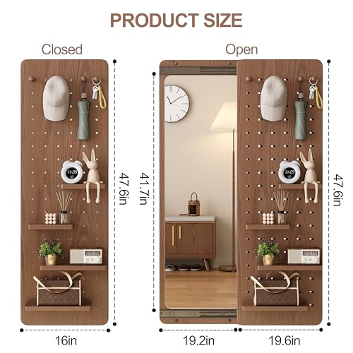 KungFuWood Full Length Mirror with Shelf and Hooks,Entry Way Mirrors for Wall,Wall Mirror with Shelf,Wall Mirror with Storage Multifunctional Design Panel,Living Room - color: Walnut, size: 52.4"L x 19"W