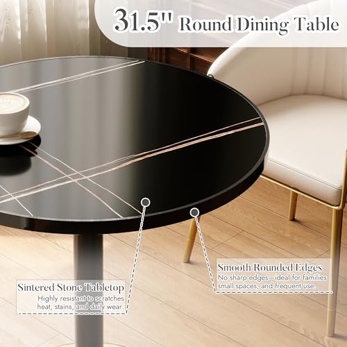 31.5'' Tulip Table, Round Dining Table with Sintered Stone Tabletop | Black Aluminum Alloy Edge & Gold Pedestal, Bistro Table for Dining Room/Café/Small Spaces/Restaurant (Black Gold Vein) - color: Black Gold Vein (Black Edge), size: Round