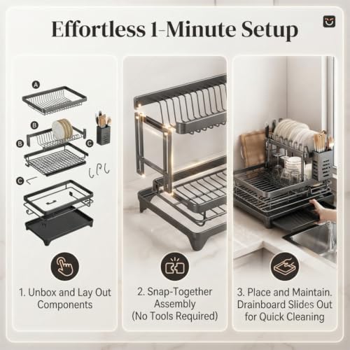 Stainless Steel Dish Drying Rack for Kitchen Counter, 2-Tier Dish Racks for Kitchen Counter, Compact Dish Drainer with Auto-Drainboard & Utensil Holder for Plates, Bowls, Cups and Cutlery (D-1) - color: D-1