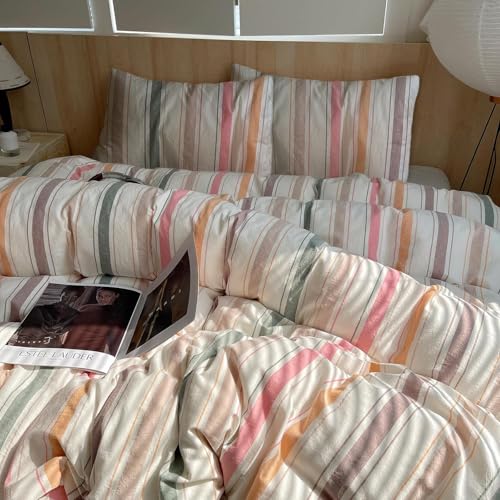 Retro Striped Duvet Cover Set Full, 100% Washed Cotton Multicolor Stripes Pattern Printed Bedding Set, Vintage Striped Comforter Cover with 2 Pillowcases, 3 Pieces Soft Breathable Duvet Cover Full - color: 04# Multicolor Striped, size: Full(80"x90")