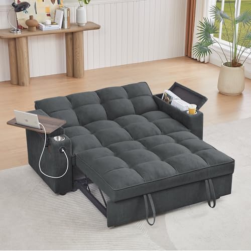 65'' 3-in-1 Folding Convertible Sofa Bed, Pullout Sofa, Modern Chenille Fabric, 360° Swivel Side Table, Easy Assembly, Perfect for Living Room, Grey - color: 1107-dark Grey
