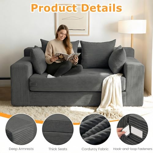 Winzon Boneless Loveseat, 3 in 1 Convertible Sofa Bed Sleeper Sofa Floor Futon Bed with 4 Pillows, 55" Grey Boneless Couch for Living Room, Guest Room, Small Space, No Assembly Required, Corduroy