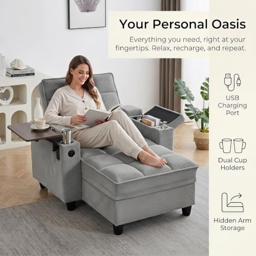 Convertible Sleeper Chair, Pull Out Sofa Bed with Adjustable Backrest & Hidden Storage Armrest, Single Sofa Recliner with USB Charging Port & Cup Holders for Living Room, Bedroom, Gray - color: C-gray-w6