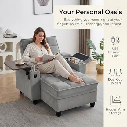Convertible Sleeper Chair, Pull Out Sofa Bed with Adjustable Backrest & Hidden Storage Armrest, Single Sofa Recliner with USB Charging Port & Cup Holders for Living Room, Bedroom, Gray - color: C-gray-w6