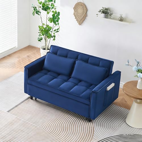 55" Pull Out Sleeper Sofa, Velvet Loveseat with Side Pockets, Blue | Velvet upholstery, 5-level adjustable back, Pull-out bed design, Sturdy frame with side pockets - color: Blue