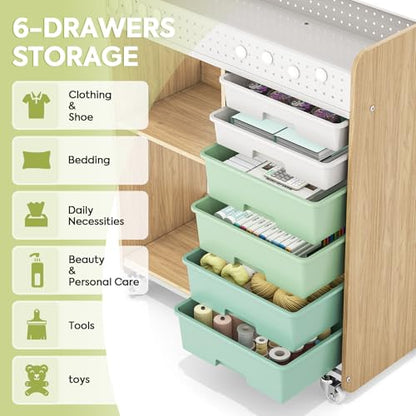 Rolling Craft Cart with 6 Drawers, Pegboard and Locking Wheels Green | Ample multi-zone storage, 2 open shelves, art cart for classrooms, homeschool and offices, sturdy wood-metal frame - color: Green