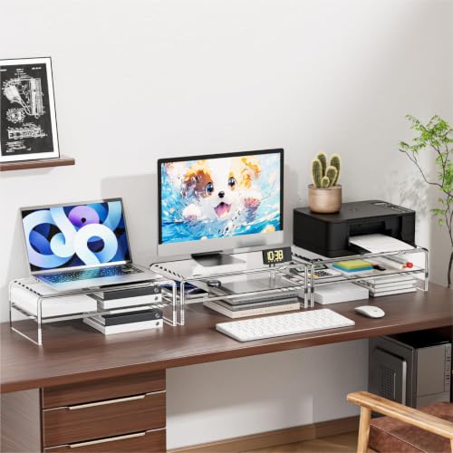 Egchi Acrylic Monitor Stand Riser, 2 Tier Clear Computer Monitor Stand for Home Office Business, PC Desk Stand Monitor Riser for Keyboard Storage, Laptop, Printer and TV Screen -12x7.2x5.12 inches | Desk Stand Monitor Riser, for Home Office Business, Keyb