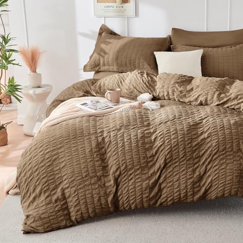 HYMOKEGE Brown Twin Size Duvet Cover, Ultra Soft 2-Piece Seersucker Duvet Cover Set with Zipper Closure, Soft Brushed Microfiber Bedding Set with 8 Corner Ties (68"x90", 1 Pillowshams) - color: Brown (No Comforter), size: Twin(68"×90")