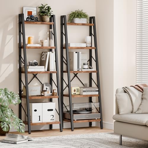 Shintenchi 5 Tier Ladder Shelf, Freestanding Corner Storage Shelves with Adjustable Feet and Anti-Falling Kit, Industrial Bookcase for Living Room, Bedroom, and Home Office, Rustic Brown - size: 16.7'' W x 12'' D x 55.8'' H-no Drawer