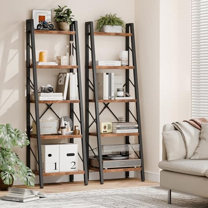 Shintenchi 5 Tier Ladder Shelf, Freestanding Corner Storage Shelves with Adjustable Feet and Anti-Falling Kit, Industrial Bookcase for Living Room, Bedroom, and Home Office, Rustic Brown - size: 16.7'' W x 12'' D x 55.8'' H-no Drawer