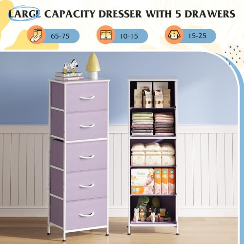 WLIVE Tall Dresser for Bedroom, 5 Drawer Dresser, Purple | 5 vertical fabric drawers, Tall vertical design, Bedroom or closet use, Dresser for small spaces, Chest of drawers - color: Purple