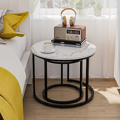 Smuxee White Nesting Coffee Table Set of 2, 23.6" Round Coffee Table Wood Grain Top with Adjustable Non-Slip Feet, Industrial End Table Side Tables for Living Room Bedroom Balcony Yard - color: White-black, size: 23.6"W