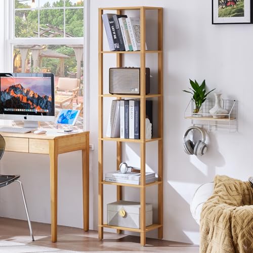 YUFAM 6-Tier Tall Narrow Bookcase, Small Bookshelf for Small Space, Natural - color: Natural, size: 6-Tier
