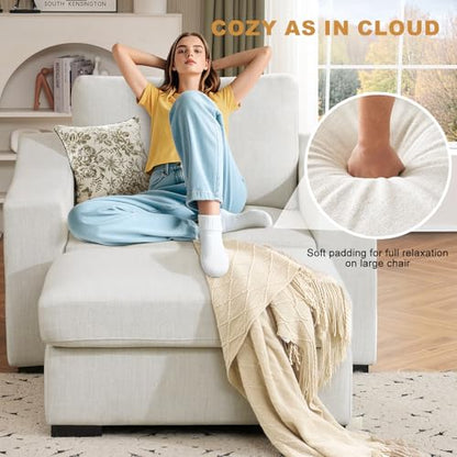 47" Oversized Single Sofa with Ottoman, Upholstered Chaise Lounge Comfy Sleeper Chair with Soild Wood Frame, Deep Seat Sofa Couch for Living Room Bedroom Apartment, Linen, White - color: White, size: 51 Inch - Single Sofa + Ottoman