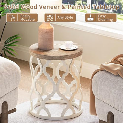 karlott Farmhouse End Table, French Country Round Side Table, Beige | Curved Motif Frame Base With Distressed Tray Top, Boho Accent Table Ideal, End Tables for Living Room, Small Space, Bedroom - size: End Table 18.5 Inches