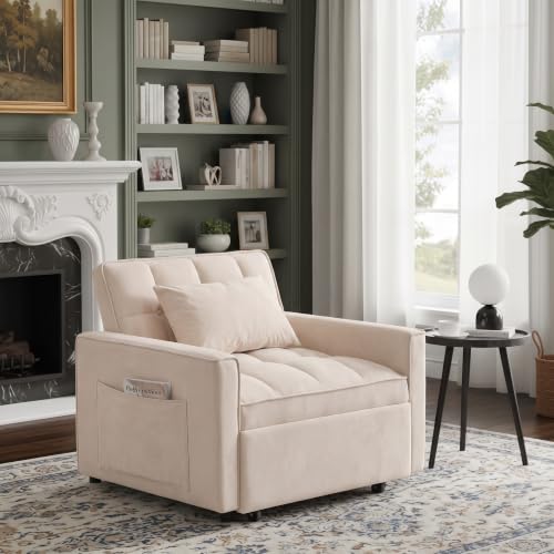 Sleeper Chair with Pull Out Bed, 3 In1 Convertible Couch Bed, White | Adjustable Backrest,Soft Cushioning,Handy Side Pocket - color: D-white-g5
