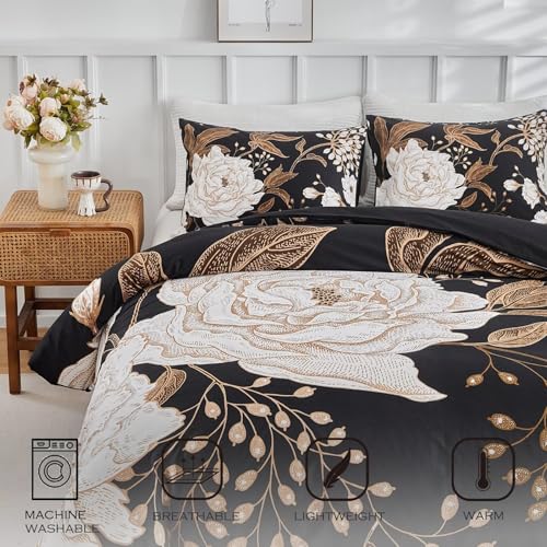 MKXI Gold Floral Black Duvet Cover Twin XL Bedding Set Bold Vintage Style Premium Cotton Comforter Cover Gothic Dorm Bedding Boho Duvet Cover for Teens All Seasons - color: 002 Black, size: Twin XL