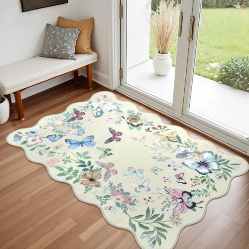 Washable Scalloped Butterfly Entryway Rug, 2.6x4 Soft Non-Slip Boho Indoor Door Mat Ultra Thin Kitchen Rug, Beige Modern Botanical Floral Throw Rug for Bathroom Entrance Bedroom - color: Beige Butterfly, size: 2.6' x 4'