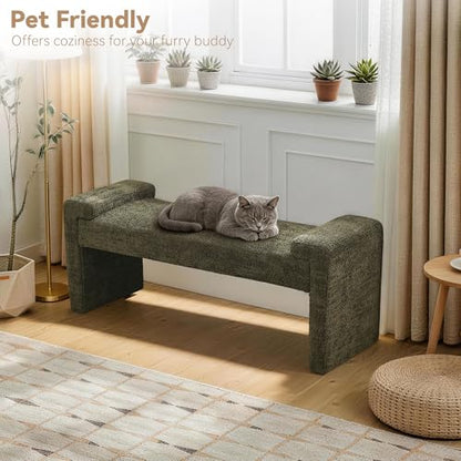 Upholstered Entryway Bench, 43" Modern Bedroom Bench, Green | Sherpa Fleece, Curved Armrests, Solid Wood Frame, End of Bed, Bedroom, Living Room, Hallway - color: Green-sherpa, size: 43"