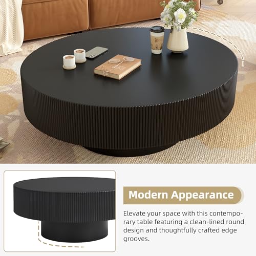 31.5" Black Round Coffee Table with 6.8" Thick Tabletop & Sturdy Base, Modern Drum Center Table Circle Accent Side Table for Living Room, Minimalist Fluted Design, Black - color: 31.5" Round Style 1, Black