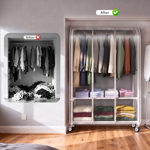 Univivi Heavy Duty Clothing Rack with Dust Cover and Bottom Storage Shelf | 360° Rotation Wheels, Tool-Free Quick Assembly, 2 Durable Zippers, Portable Closet Rack with Cover for Hanging Clothes - color: White Rack with White Cover