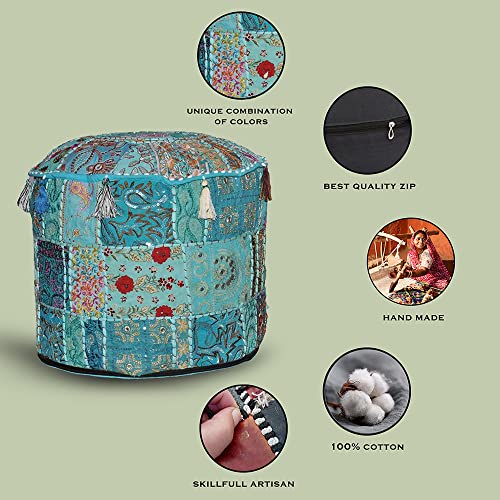 Indian Pouf Footstool Ethnic Embroidered Pouf Cover, Indian Cotton Round Pouffe Ottoman - Cover Only (Turquoise, 22x14) - color: Turquoise, size: 13"D x 13"W x 18"H