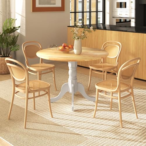COSTWAY Round Dining Table for 4, 39-inch Wooden Kitchen Table With Solid Rubber Wood Frame, Curved Trestle Legs, Adjustable Foot Pads, Mid Century Rustic Dinning Table for Living Room (Natural+White) | Curved Trestle Legs, Adjustable Foot Pads, Mid Centu