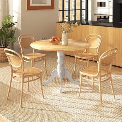 COSTWAY Round Dining Table for 4, 39-inch Wooden Kitchen Table With Solid Rubber Wood Frame, Curved Trestle Legs, Adjustable Foot Pads, Mid Century Rustic Dinning Table for Living Room (Natural+White) | Curved Trestle Legs, Adjustable Foot Pads, Mid Centu