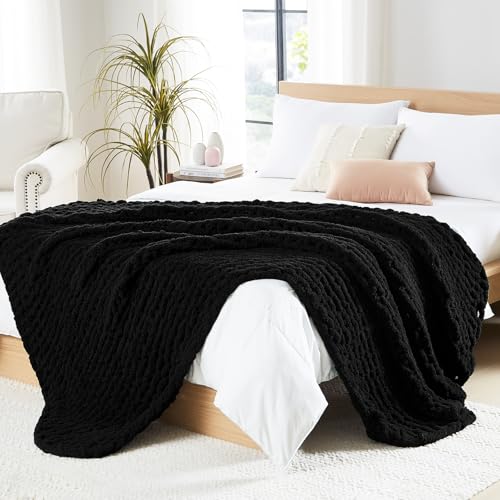 L'AGRATY Chunky Knit Throw Blanket for Couch, 50'' x 60'' Knit Throw, Black | Handmade Chenille Crochet Blanket for Sofa Bed, Thick Cable Knitted Blankets for Room Home Decor, Birthday Gift for Women Mom - color: Black, size: 50"x60"