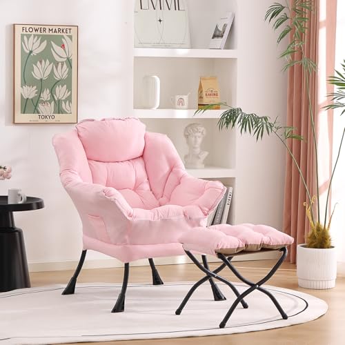 Welnow Lazy Chair with Ottoman, Reading Chair with Footrest，Pink | A Side Pocket,Armrests,Foldable Footrest,Thick Cushioned Seat & Backrest, Lounge Chair for Bedroom,Living Room & Small Space - color: Pink