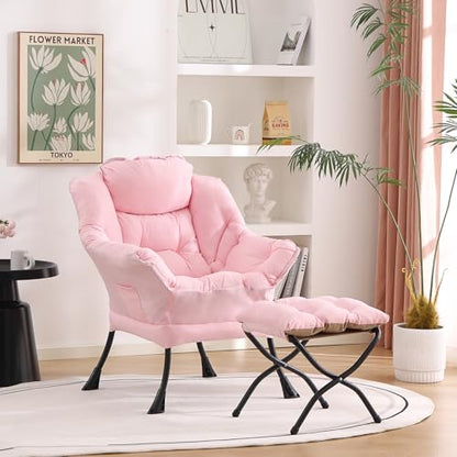 Welnow Lazy Chair with Ottoman, Reading Chair with Footrest，Pink | A Side Pocket,Armrests,Foldable Footrest,Thick Cushioned Seat & Backrest, Lounge Chair for Bedroom,Living Room & Small Space - color: Pink