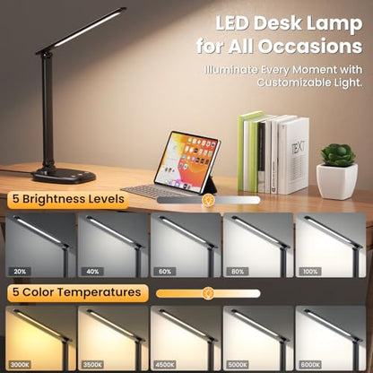 Desk Lamp with Charger, 10%-100% Stepless Dimmable & 5 Color Modes Study Lamp, Touch Control, 30-/60-minute Timer, USB Charging Output Port, CRI≥90, Eye-Caring Foldable LED Desk Lamps for Home Office - color: Black-US