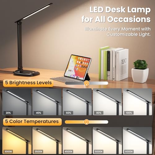 Desk Lamp with Charger, 10%-100% Stepless Dimmable & 5 Color Modes Study Lamp, Touch Control, 30-/60-minute Timer, USB Charging Output Port, CRI≥90, Eye-Caring Foldable LED Desk Lamps for Home Office - color: Black-US