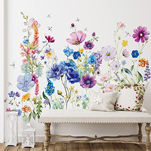Zonon 6 Pcs Flowers Wall Decals Stickers Vinyl Removable Peel and Stick Colorful Dragonflies Floral Wall Murals Decor for Bedroom Living Room Nursery(Beautiful) - style: Beautiful