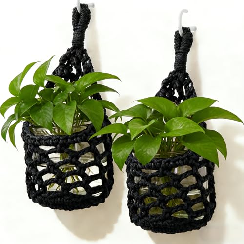 Macrame Wall Plant Hanger, Small Hanging Planter Basket Holder, Wall Planters for Indoor Plants, for Up to 4 Inch Pot (Black, 4-Inch) - color: Black, size: 4-Inch