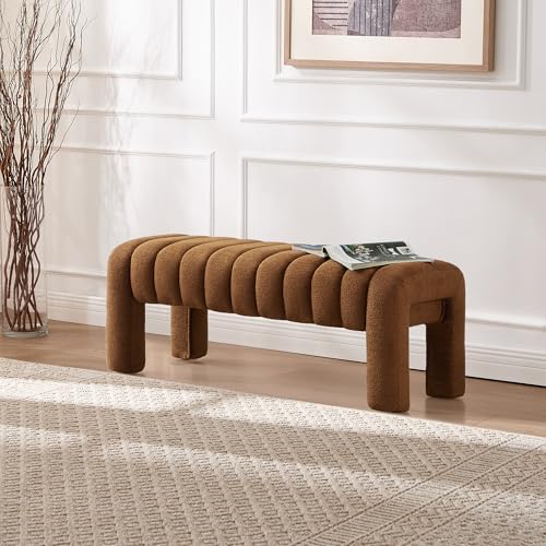 43.3" Bedroom Bench, Upholstered Brown Boucle Ottoman, Modern Tufted Dining Bench with Solid Wood Legs and Adjustable Foot Pegs for Entryway, Dining Room and Living Room (Rust Brown Boucle) - color: Rust Brown Boucle, size: 43.3"