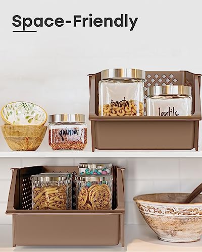 TidyFriend Plastic Stackable Storage Bins for Pantry, 4 Pack Stackable Bins For Organizing Food, Kitchen, and Bathroom Essentials (Brown) | Sturdy Plastic, Easy Stacking, Open Front Access, Ventilated Sides, Vertical & Space Saving Pantry Organizers and S